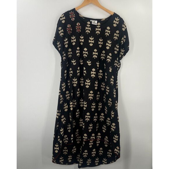 Marketplace Handwork of India 1W Plus Size Cotton Dress Black Tan Print - Picture 1 of 9